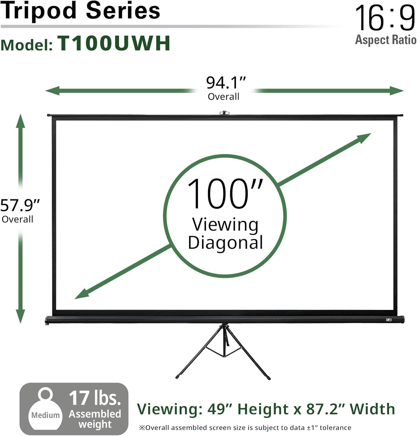 Elite Screens Tripod, 100-Inch 16:9 Portable Projector Screen with Stand– MaxWhite 2, 1.1 Gain, Adjustable Indoor Outdoor Pull Up Projection Screen for Home Theater, Office & Classroom, T100UWH, Black