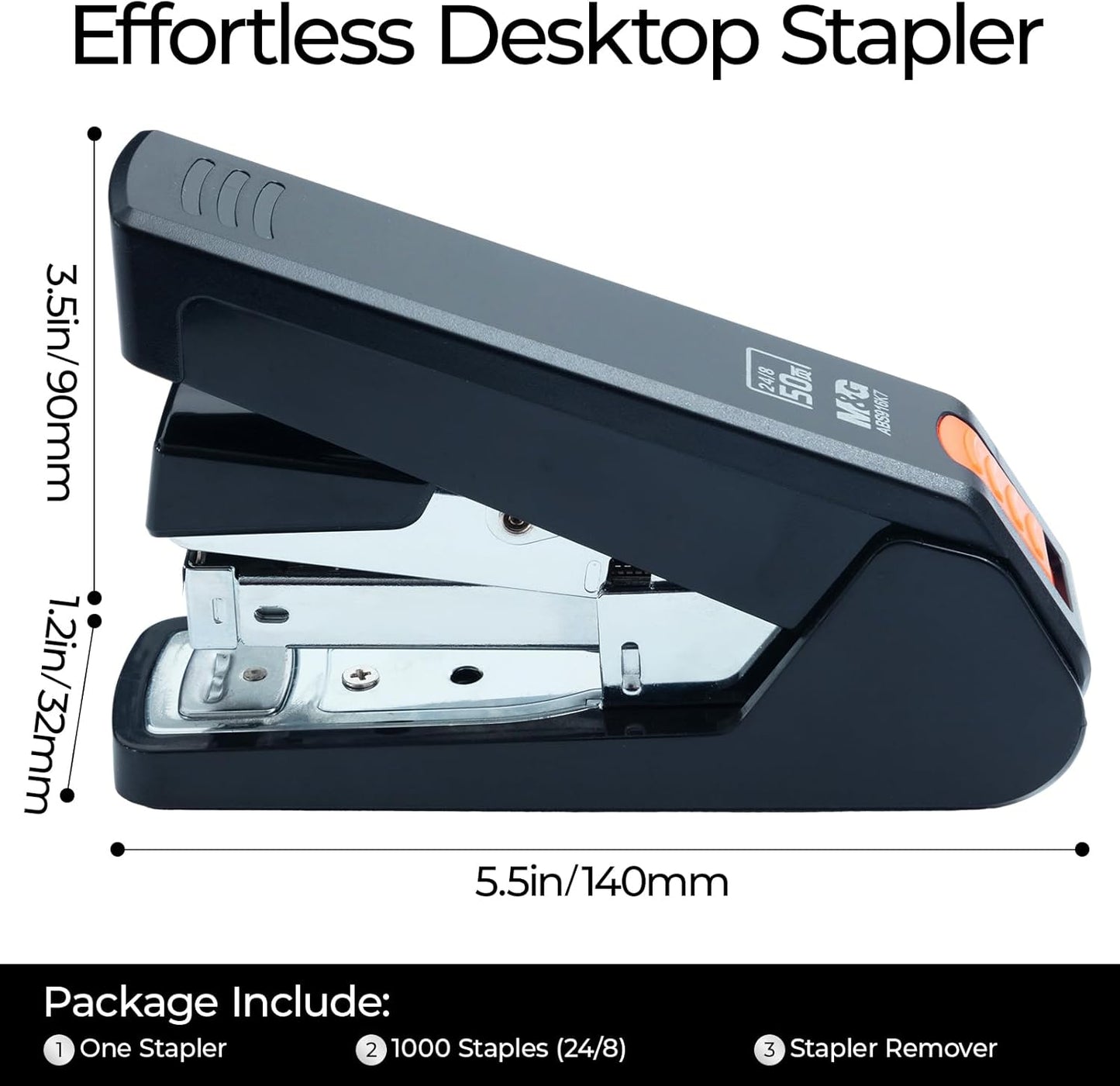 M&G Effortless Stapler 50 Sheet Capacity One-Touch Stapling, Heavy Duty Desktop Stapler Includes 1000 Staples and Remover, Portable Handheld Staplers for Home & Office (Black)