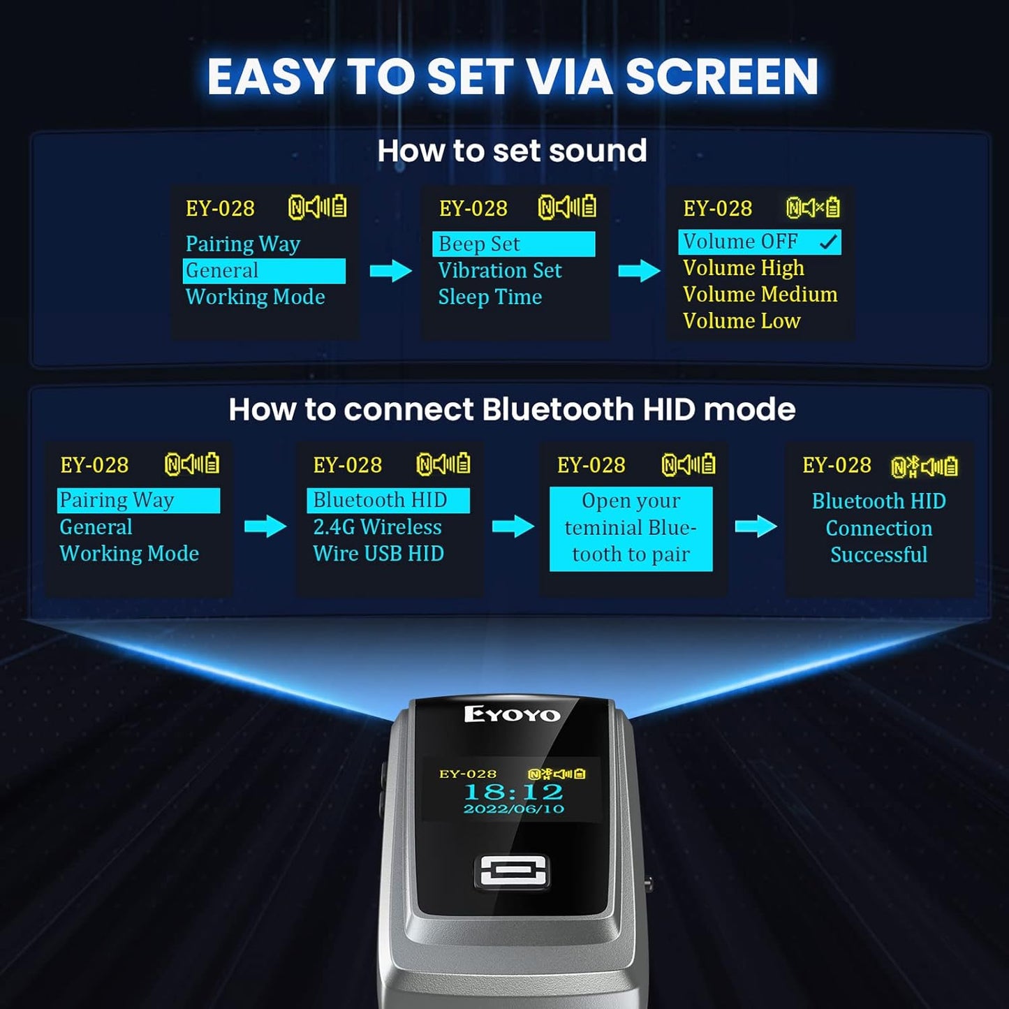 Eyoyo QR Code Scanner with LCD Display, Mini Portable Bluetooth Barcode Scanner, Wireless 1D 2D Book Bar Code Scanner for Library Classroom Inventory Compatible with iPhone iPad Android iOS POS Laptop