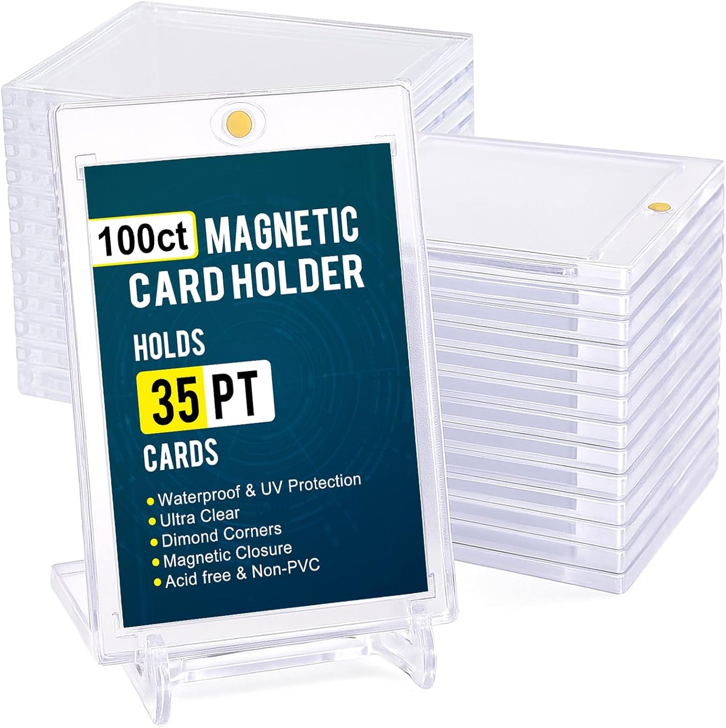 GEAoffice 100pc Magnetic Card Holder for Trading Cards, Hard Plastic 35pt UV Protection Baseball Card Holder with Display Stands for MTG, Sports Cards, Ultra Clear