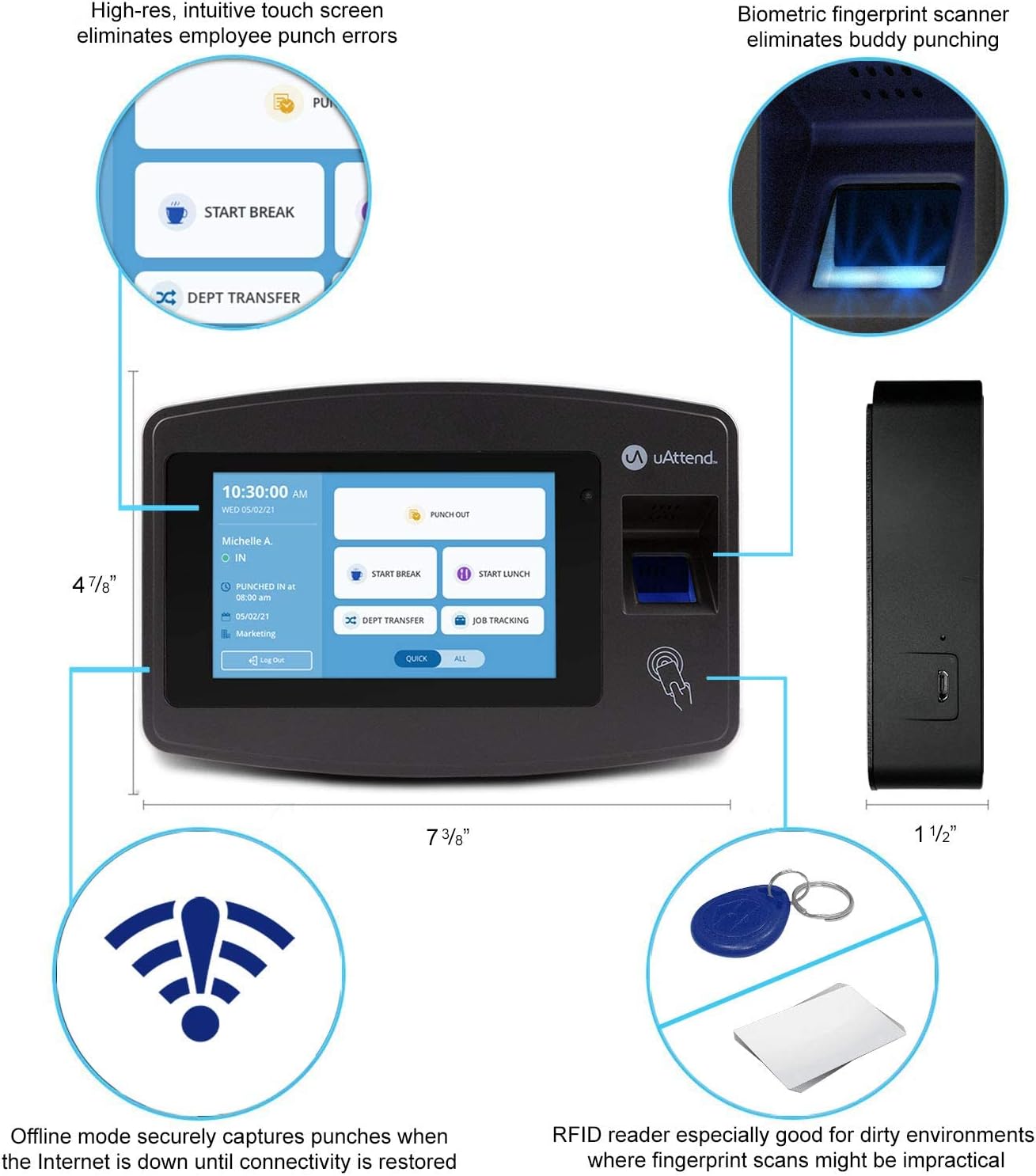 uAttend JR2000 Biometric Fingerprint, RFID, PIN Time Clock for Small Business – Cloud-Based Attendance System with Optional Payroll Integration – All-in-One System