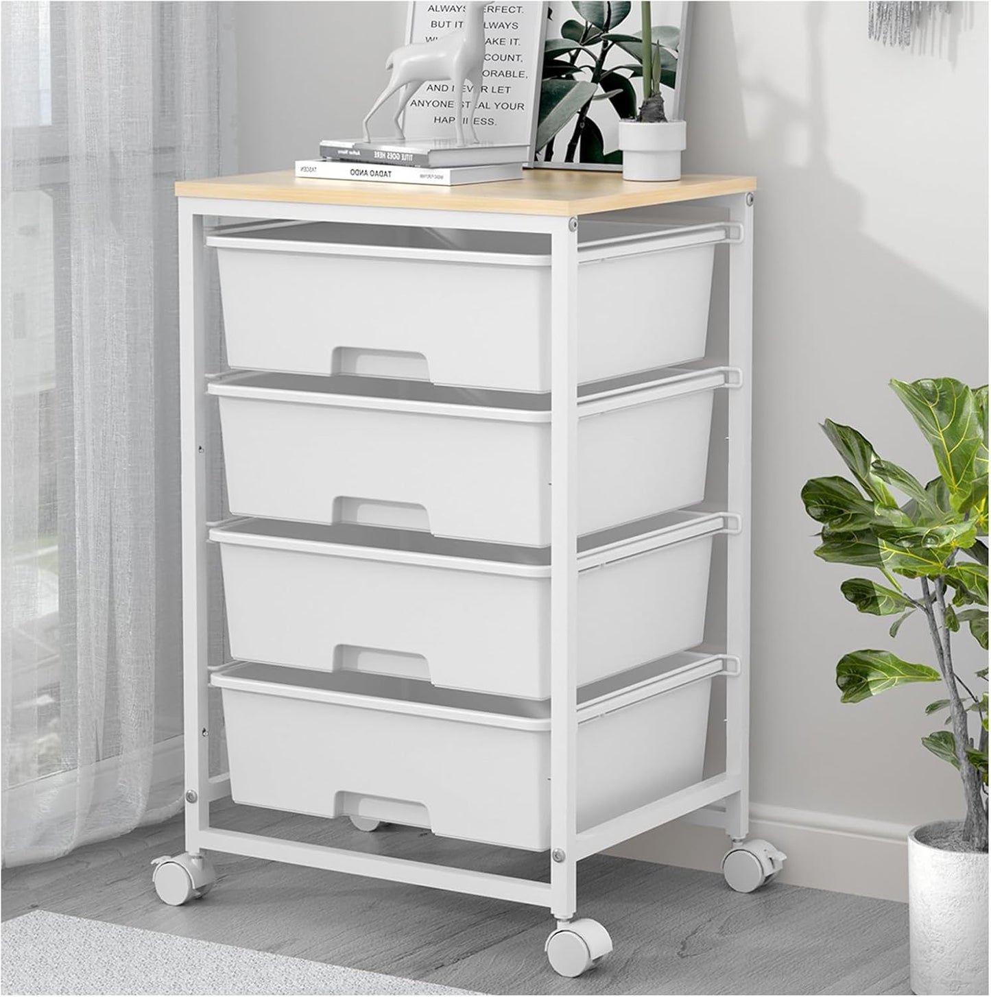 Utility Cart with 4 Drawers, Multipurpose Rolling Storage Cart with 4 Drawers and 2 Lockable Wheels, 4-Tier Rolling Storage Cart Organizer for Home Office Dorm, Bright White