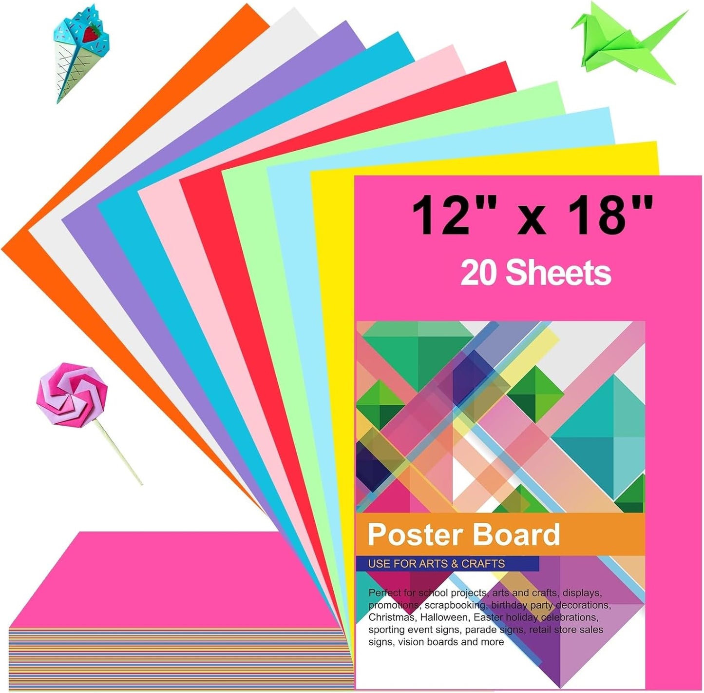 20 Pcs Poster Board Colorful Paper 12x18, ROOKEA Vision Boards Bulk Blank Graphic Display Posterboard Card Paper for Kids School Classroom Arts Craft Projects Drawing Scrapbooking