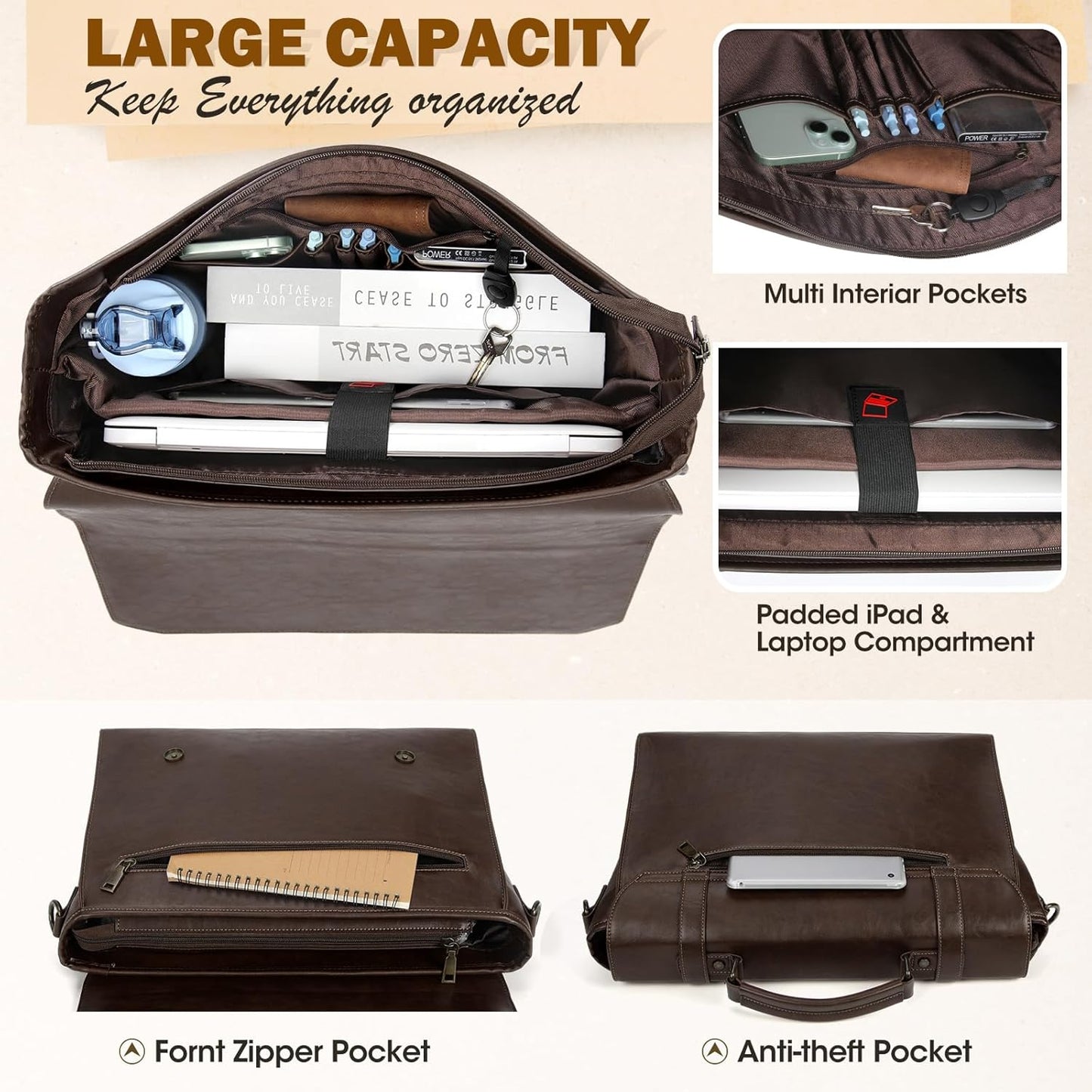 RAINSMORE Mens Messenger Bag 18 Inch Waterproof Vintage Leather Laptop Briefcase Large Laptop Bag Satchel Bag Computer Shoulder Bag for Office Business Travel College,Coffee