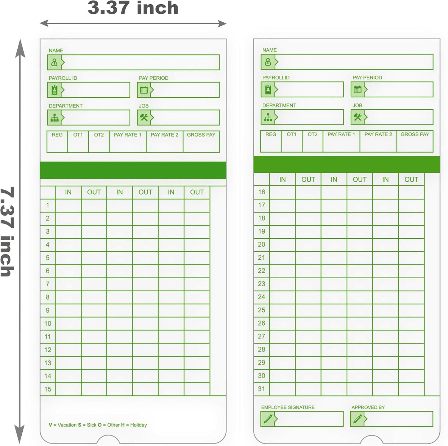Time Cards for Employees Monthly,Numbered Days,All Pay Periods,300 Count,2-Sided,3 3/8" x 7 3/8",Green Print,Timecards for Time Clocks
