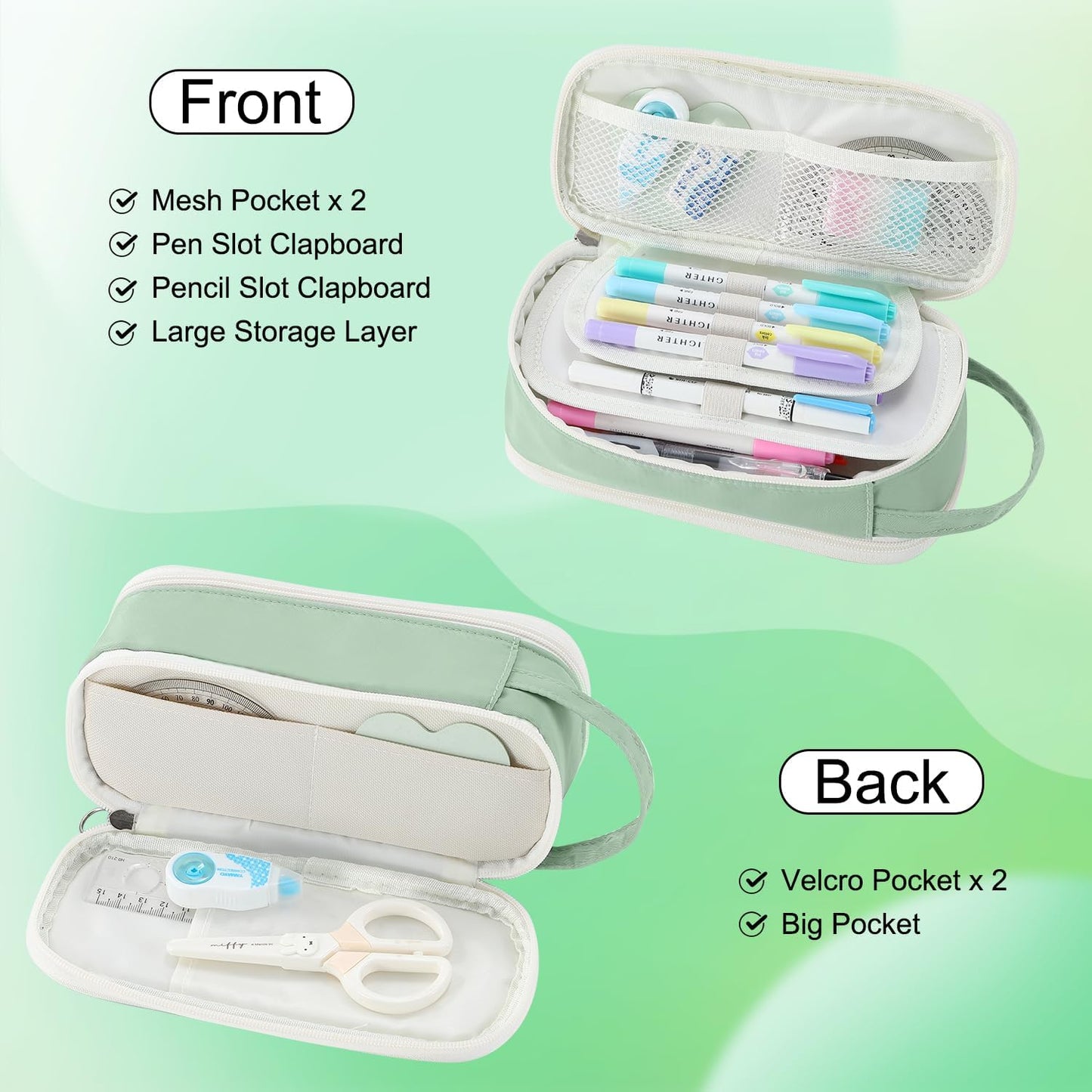 Pencil Case Large Zipper Pencil Pouch for Girls Kids Teens Adults Aesthetic Pencil Bag Stationery Organizer Pen Pencil Case with Handle for School Green