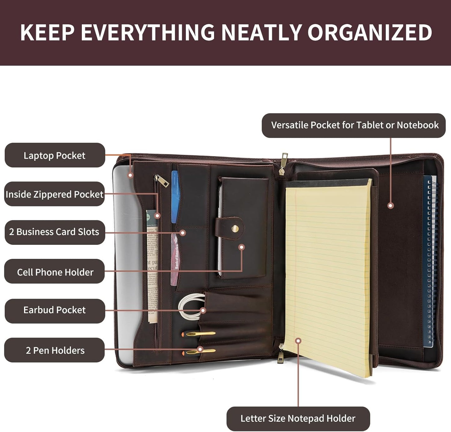 Genuine Leather Portfolio with Front Pocket for Men and Women, 8.5 x 11 Legal Pad Notepad Holder, Zippered Business Organizer, Professional Executive Letter Notebook Folder for Work, Dark Brown