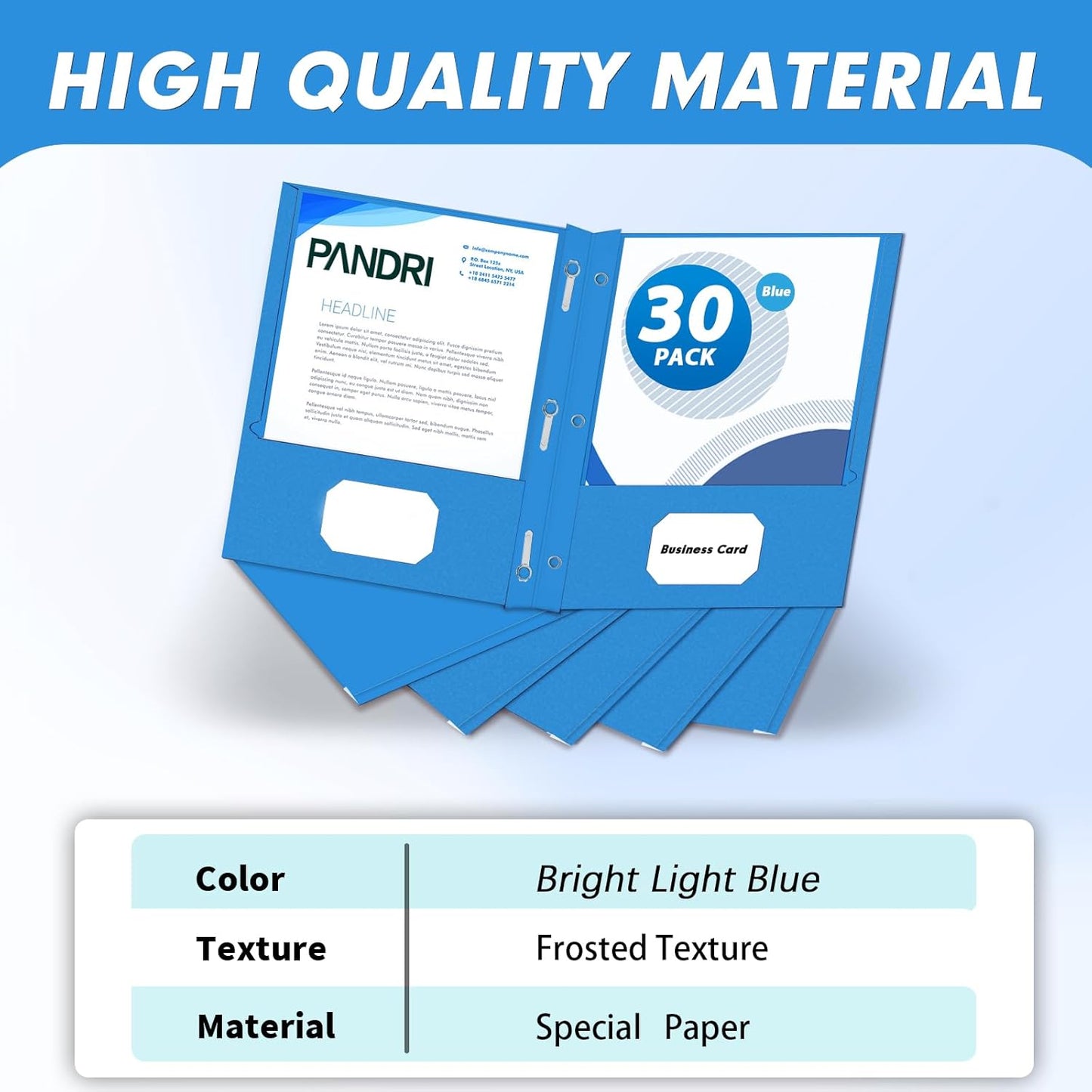 PANDRI Two Pocket Folders, 30 Pack with Prongs, Letter Size, Lightblue