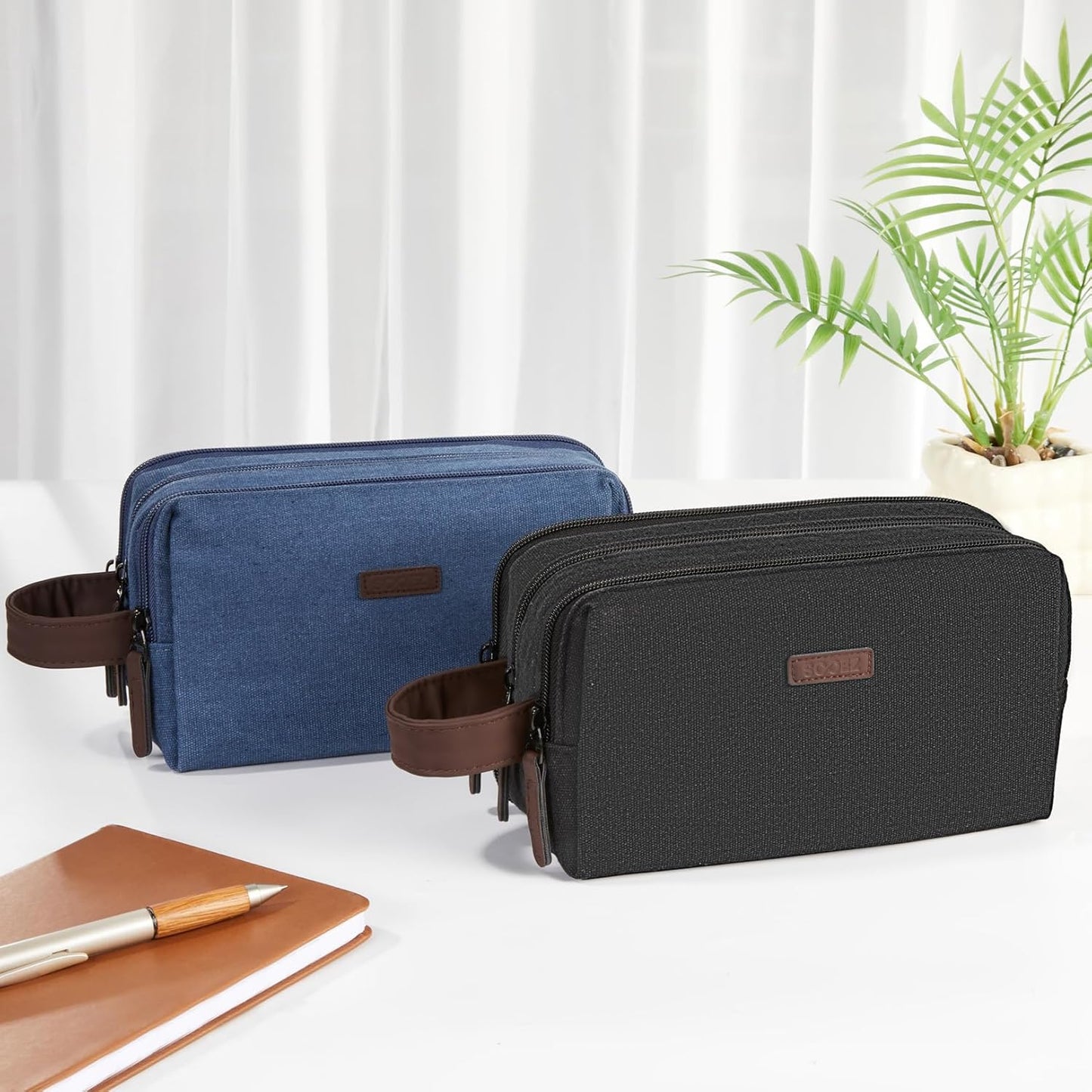 Sooez Large Pencil Case Pouch, Extra Big Pencil Pouch Pencil Bag with PU Handle & Zipper, Sturdy Pen Case with 3 Compartments, Aesthetic School College Supplies Organizer for Men Women Boys, Brown