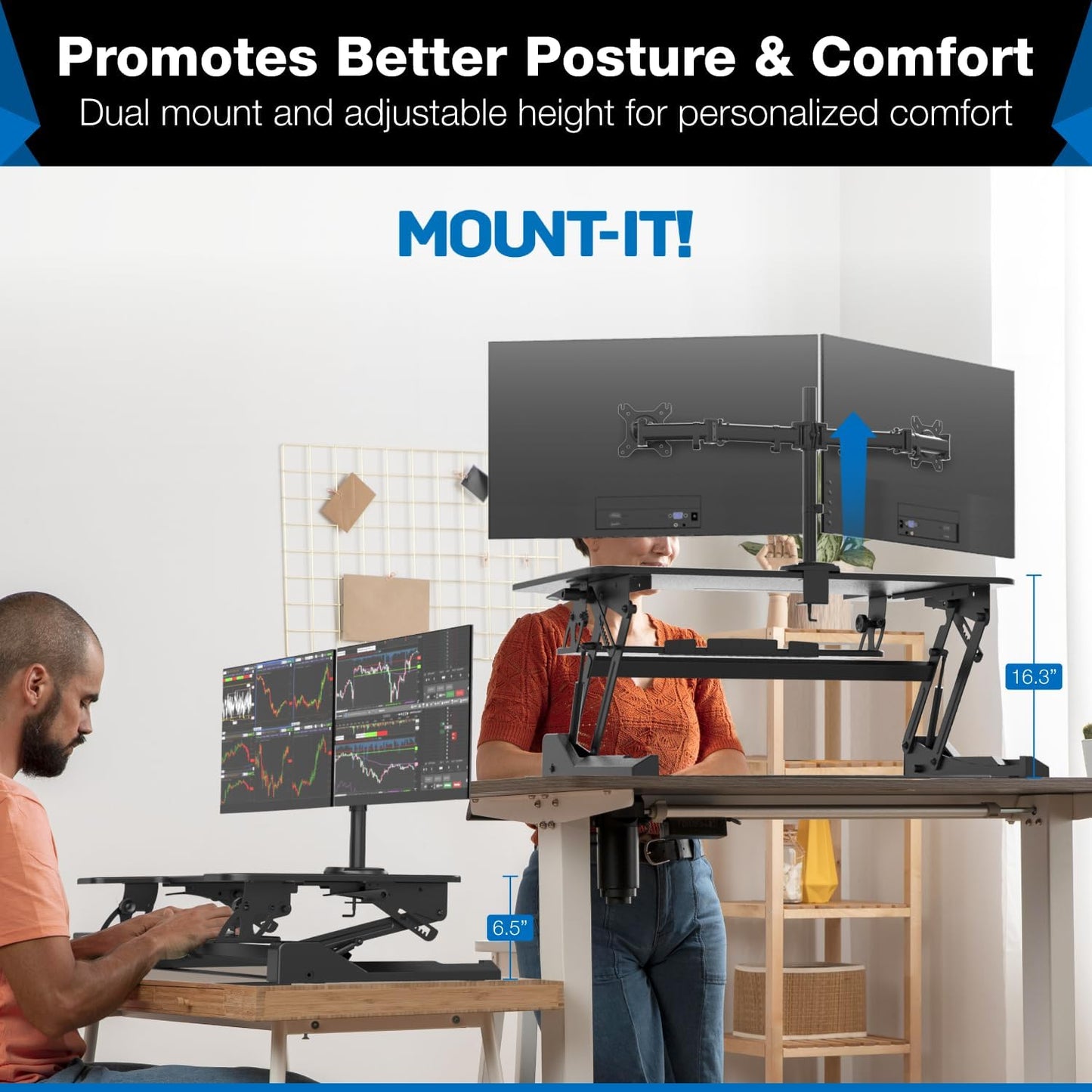 Mount-It! Standing Desk Converter Dual Monitor, 2 Screen Mounts Included, Height Adjustable Desk Riser in Black, Stand Up Desk Convertor Large 36" Wide, Sit Stand Convertor with Manual Lift Gas Spring