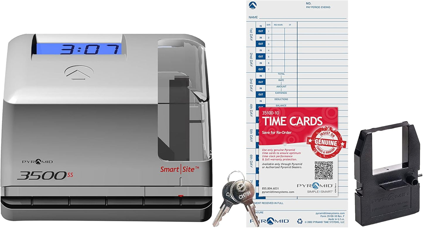 Pyramid Time Systems - Employment Time Clock & Document Stamp [3500ss] with Smart site Alignment, Kit Includes: Punch Time Clock, 25 Time Cards, 1 Ribbon & 2 Security Keys, 3500 Replacement