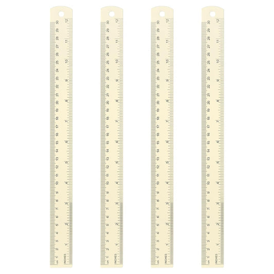 HARFINGTON 4pcs Metal Straight Ruler 30cm Metric SAE Aluminum Alloy Measuring Rulers Scale Tool with Hole for Measure Study Reading Classroom Office, White