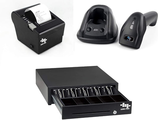 Heavy Duty Cash Register Drawer + Thermal Receipt Printer (80mm) + Barcode Scanner (Cordless) [Black] NOT for Square