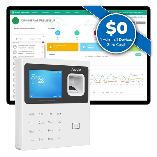 ANVIZ Time Clocks for Employees Small Business - CX2 Fingerprint Biometric Clock in and Out Machine - Forever Free Cloud Software, White