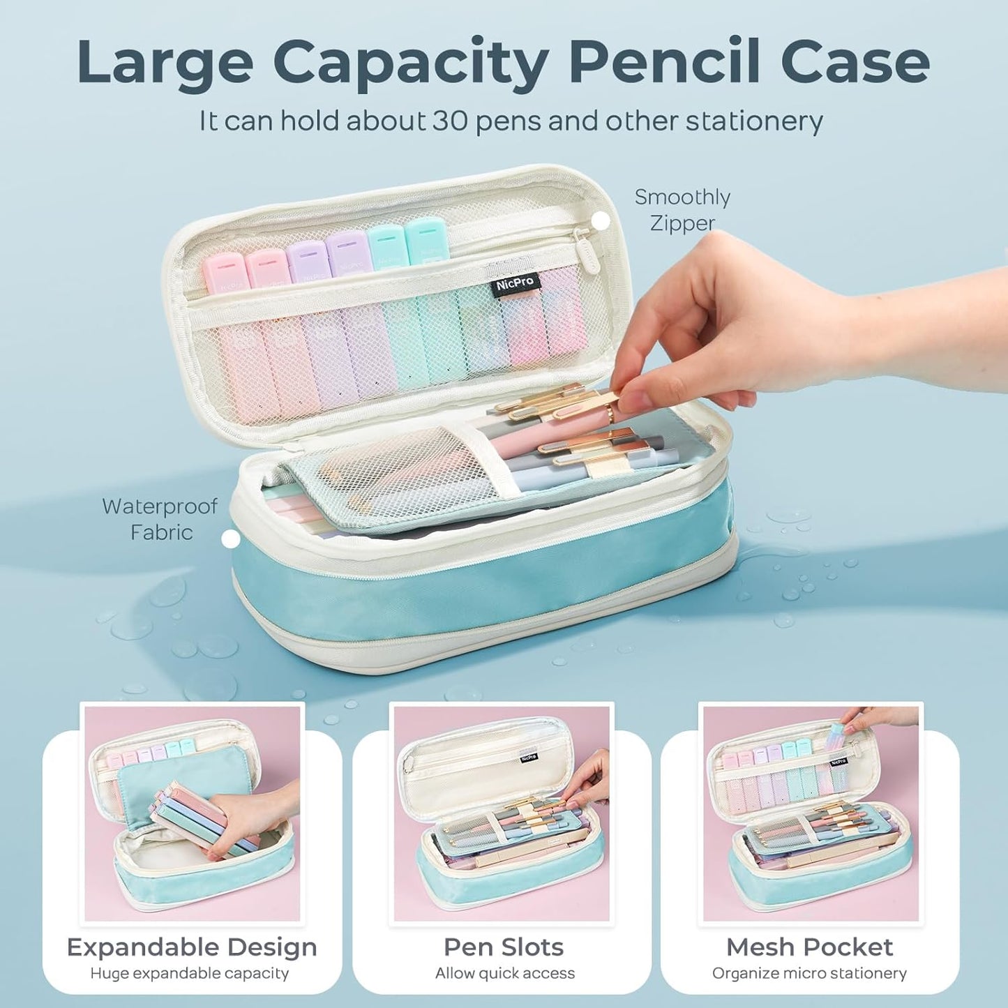 Nicpro 39 PCS Aesthetic School Supplies with Cute Pen Case, 12 Pastel Highlighters, 5 Black Ink Gel Pens, 6 Mechanical Pencils Set 0.5 & 0.7mm for Students Stationary College Essentials (Blue)