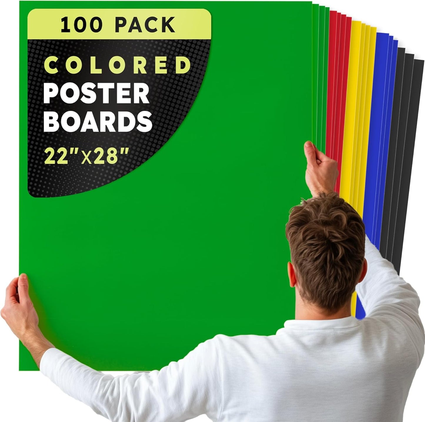 Hygloss Large Colored Poster Board 22x28 - 100 Assorted Standard Color Poster Boards Bulk Pack - Red, Yellow, Green, Blue, Black - 10 Pt. Thickness Poster Board Paper - Posterboard Multipack 22" x 28"