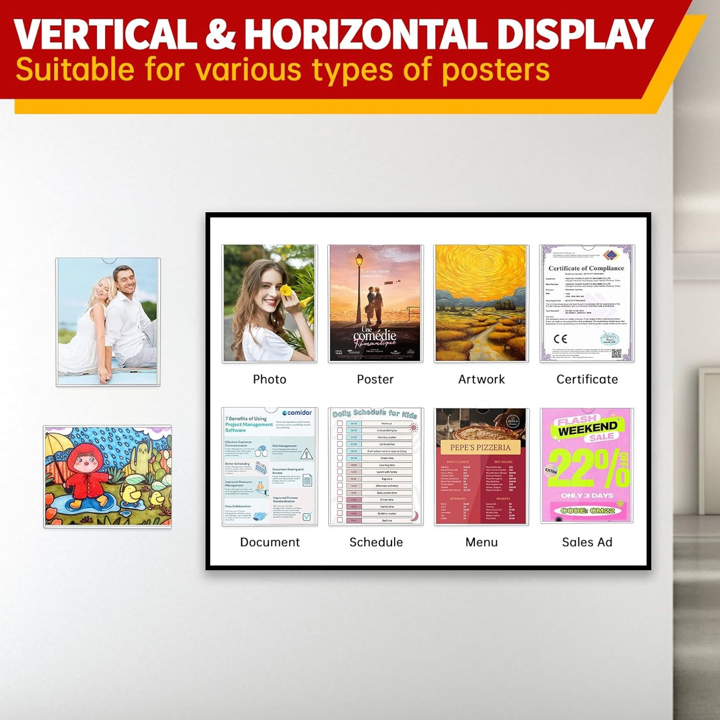 Rigid Magnetic Sign Holder 8.5 x 11 - Clear Plastic Magnetic Frames for Refrigerator Top Loaders Wall Sign Holder, Self Adhesive Frames for Walls Door Window Magnetic Picture Frame 10 Pack