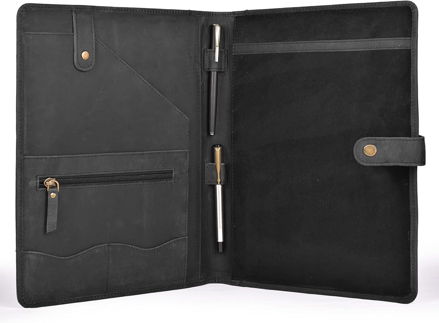 Genuine Leather Portfolio – Sleek Black Professional Organizer & Resume Folder, Antique Leather Business Document Padfolio with Writing Pad, Ideal Gift for Men & Women
