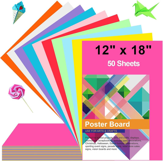 50 Pcs Poster Board Colorful Paper 12x18, ROOKEA Vision Boards Bulk Blank Graphic Display Posterboard Card Paper for Kids School Classroom Arts Craft Projects Drawing Scrapbooking