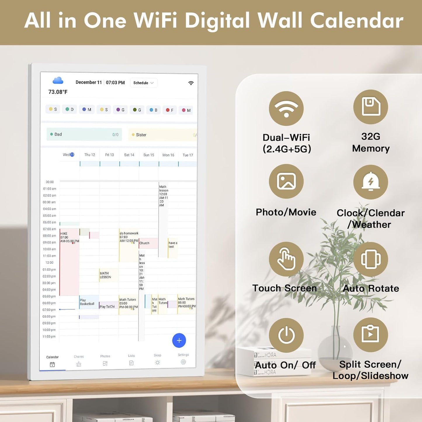 Digital Calendar Chore-Chart for-Family-Meal Planner - 27 inch Touchscreen Interactive Display Smart Calendar for Family To Do List, Dual-WiFi, Auto-Sync Google iCloud Outlook Calendars, Wall Mounted