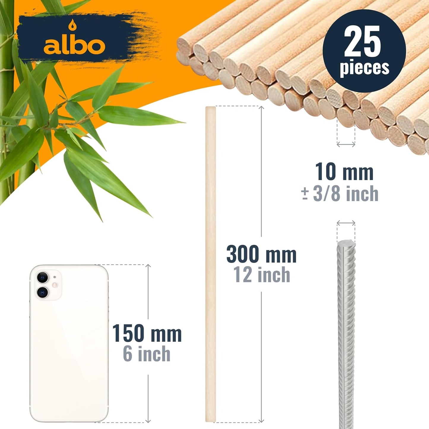 ALBO Wooden Dowel Rods 25 PCS 3/8" x 12" Inch Round Wood Sticks for Crafts, DIY Projects and Macrame Hardwood Assorted Bouquet Sticks Cake Dowels for Tiered Cakes