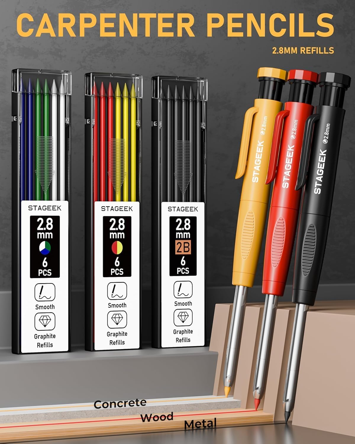 22 Pack Carpenter Pencil Set with Sharpener, Mechanical Carpenter Pencils with 60 Refills, Deep Hole Long-Nib Marker Pens, Carbide Scribe Tool & Construction Pencils for Architect with Case