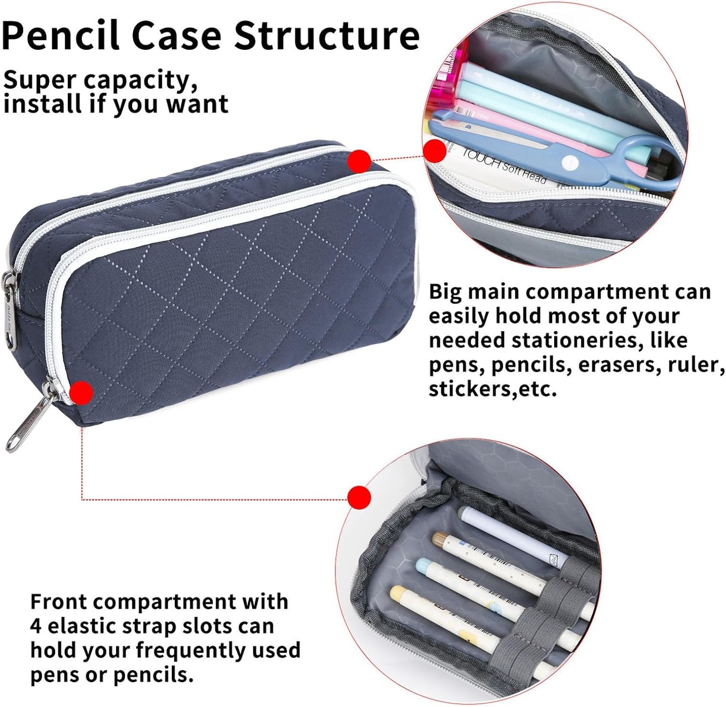 Della Gao Pencil Case Large Capacity Pencil Pouch Soft Quilted Pen Bag Office Stationery Organizer Sturdy Pencil Bag for Men Women - Dark Blue