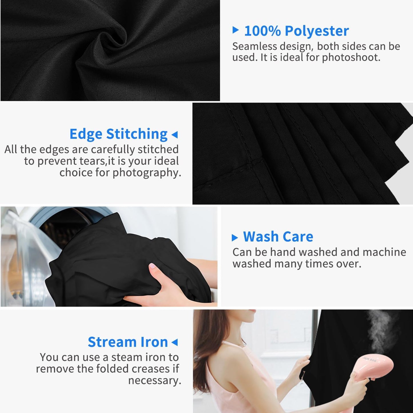 HEMMOTOP Black Backdrop 10x8 ft, Black Photo Backdrops for Photoshoot, Polyester Fabric Background Curtain Screen Seamless for Party, Photos, Photography, Birthday, Wedding (Backdrop only)