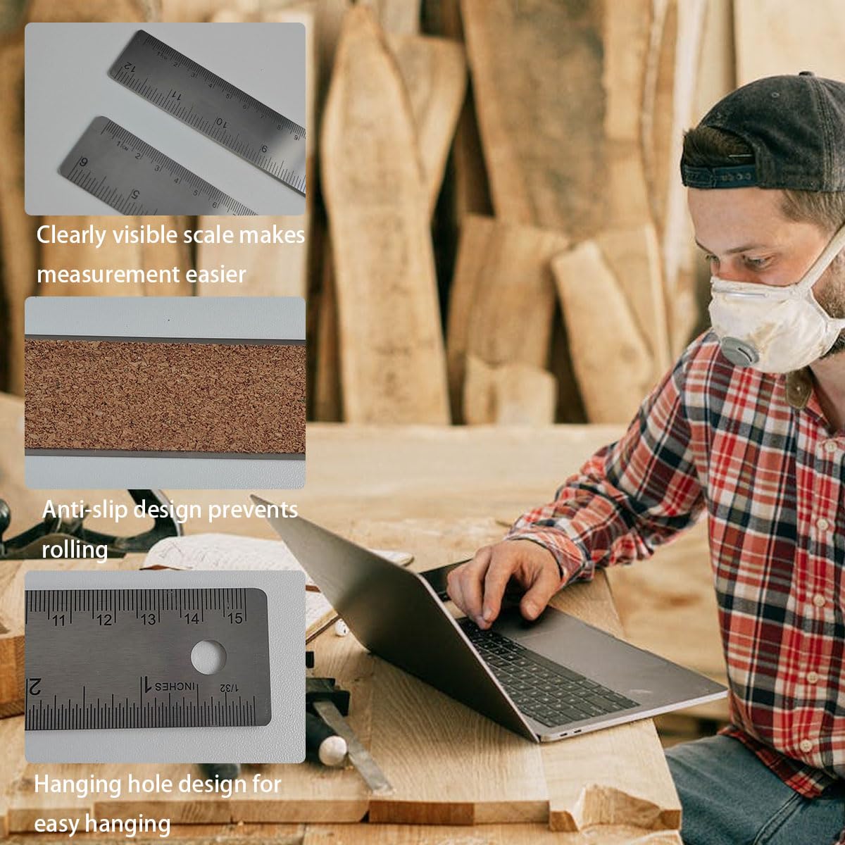 12-Inch Stainless Steel Metal Ruler with Non-Slip Cork Backing - 1 Pack