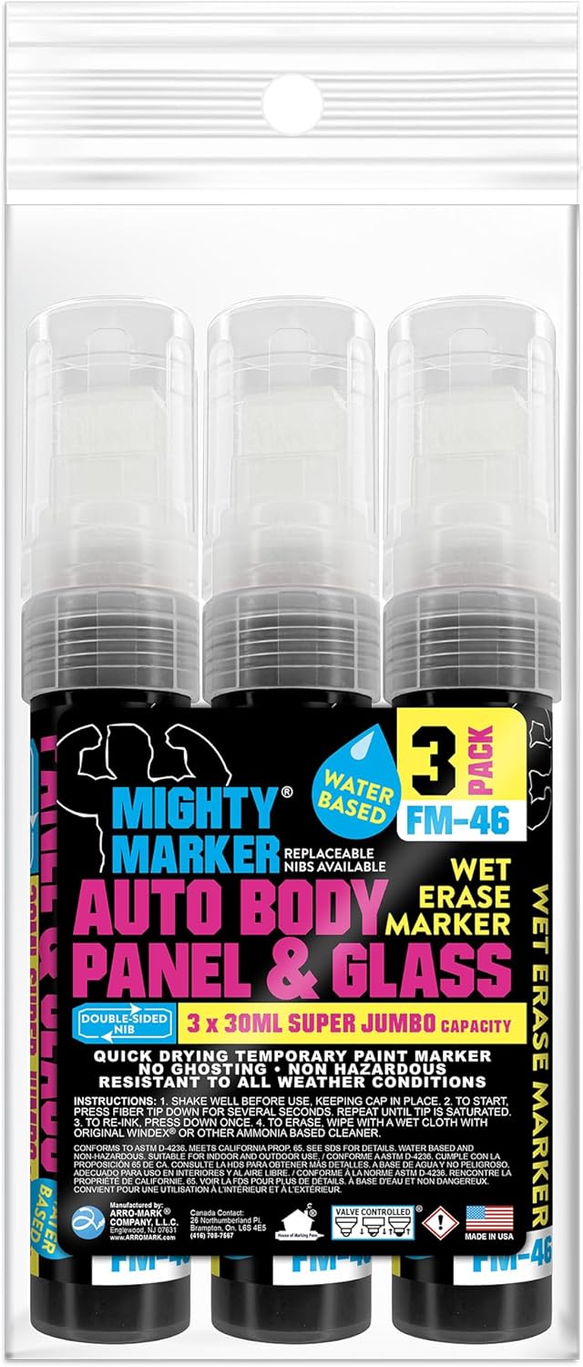 FM-46 Auto Body and Glass Super Jumbo Paint Marker, No-Ghost Formula, Water-Resistant, Valve Action, Removable, Water-Based, 30ml Capacity, Made in USA, Black 3 Pack