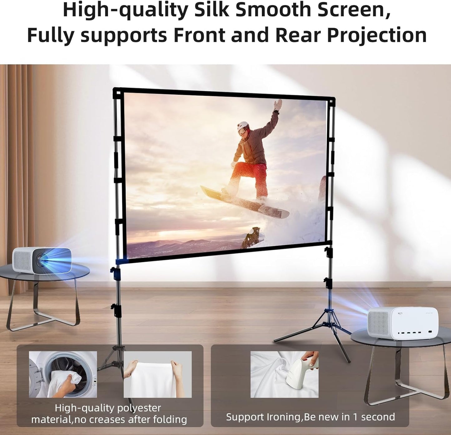 Projector Screen and Stand,GAINVANE 120 inch Portable Projector Screen Indoor Outdoor Projection Screen 16:9 4K HD Wrinkle-Free Light-Weight Movie Screen with Carry Bag for Backyard Movie Night