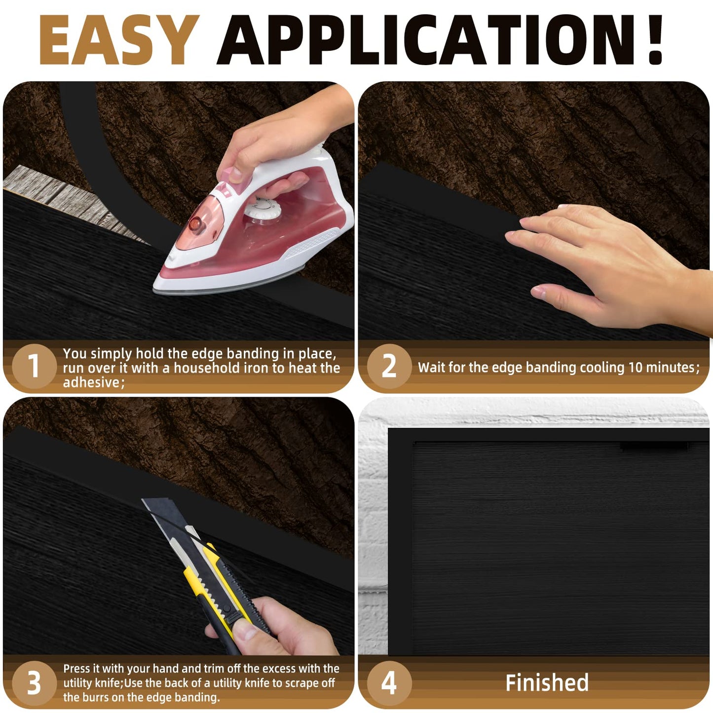 GSCIT Club Black Edge Banding, 1 inch x 50ft Melamine Edge Banding with Hot Melt Adhesive Preglued Cabinet Edge Banding Flexible Black Veneer Edging