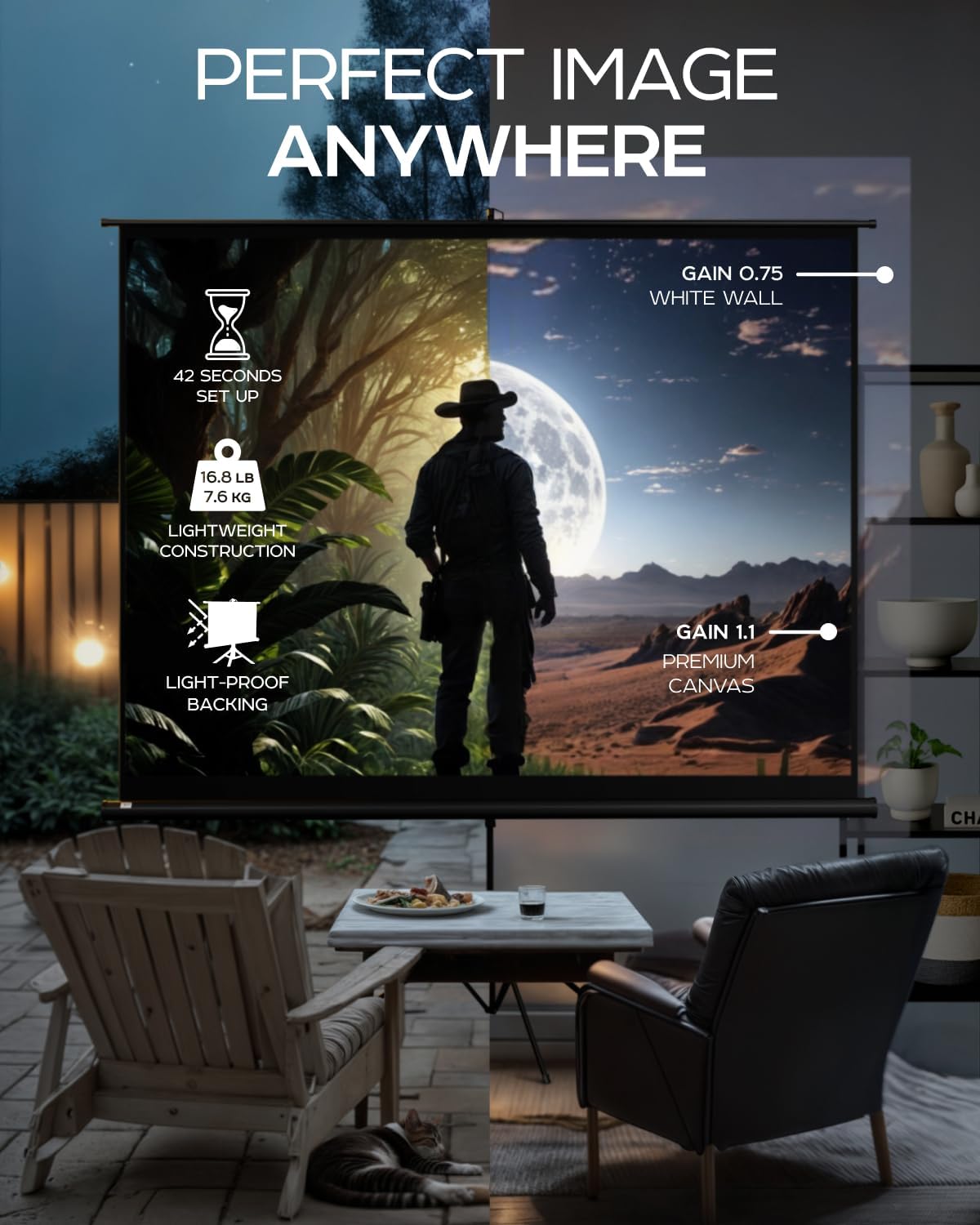 PropVue Projector Screen with Stand 100 inch - Indoor and Outdoor Projection Screen for Movie or Office Presentation - Adjustable from 16:9 to 4:3 HD Premium Wrinkle-Free Tripod Screen