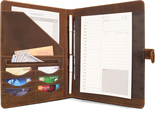 Full Grain Leather Portfolio with Magnetic Closure, Professional Business Padfolio Organizer for Men Women, A4 Document Folder, Card Slots, Pen Loop, 10x13", Luxury Gift Set
