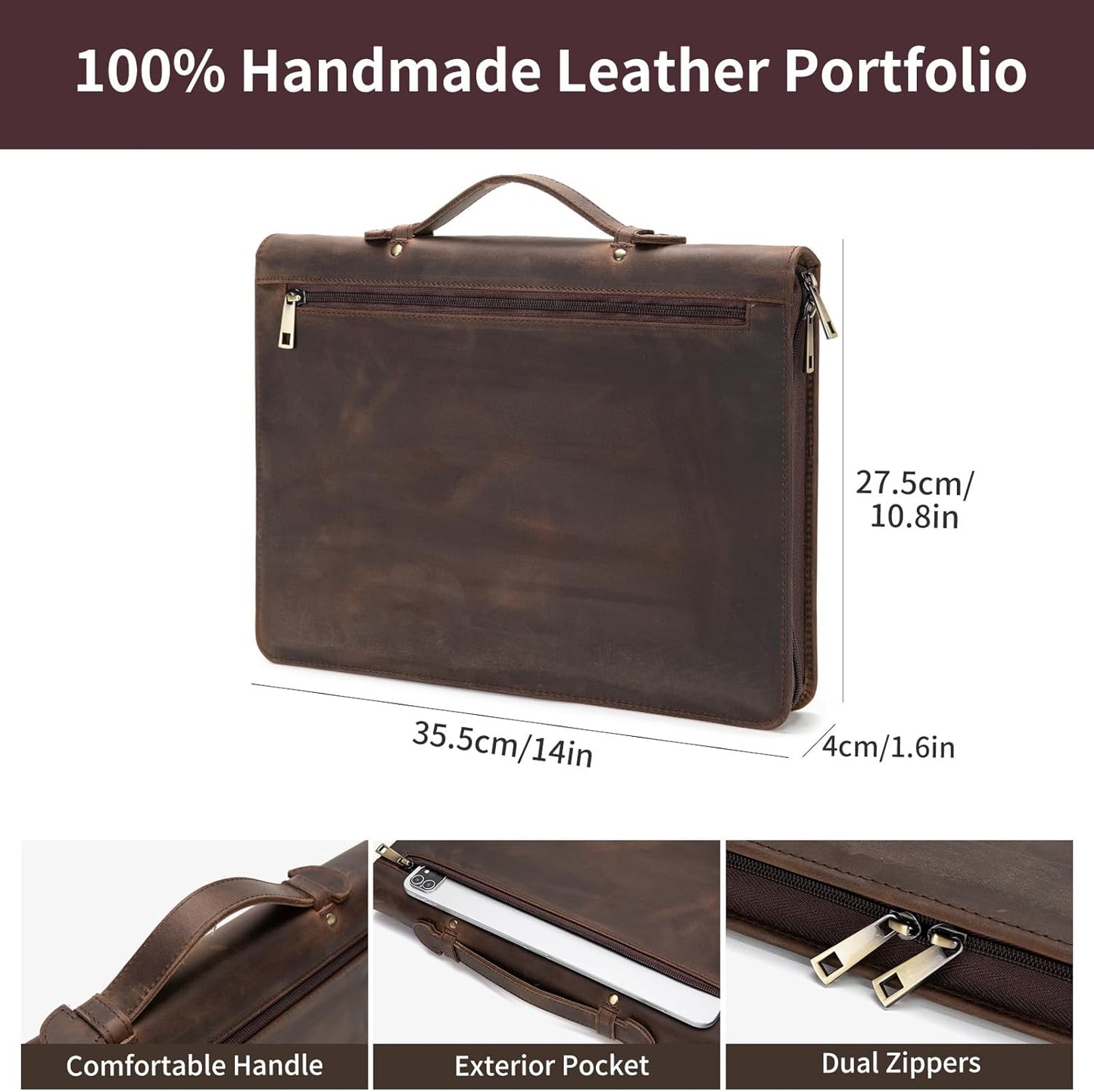 Genuine Leather Portfolio with Hidden Handle, Zippered Front Pocket, Business Padfolio for Men and Women, 8.5 x 11 Legal Pad Notebook Holder, Office Letter Notepad Folio, Dark Khaki