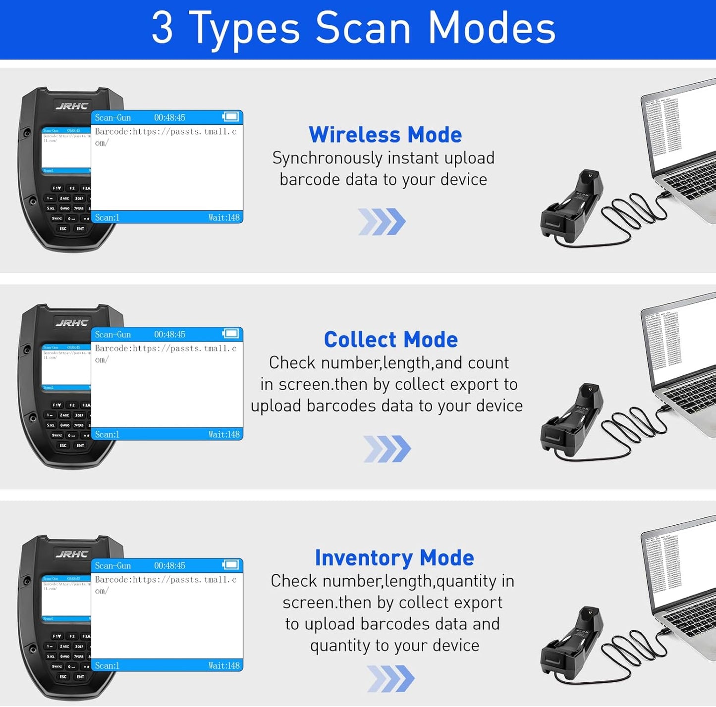 Inventory Scanner Wireless, JRHC 1D Laser Barcode Scanner with Charging Base Barcode Reader Data Terminal Data Collector 2- in -1 USB Connection & 2.4G Wireless Bar Code Scanners with Screen