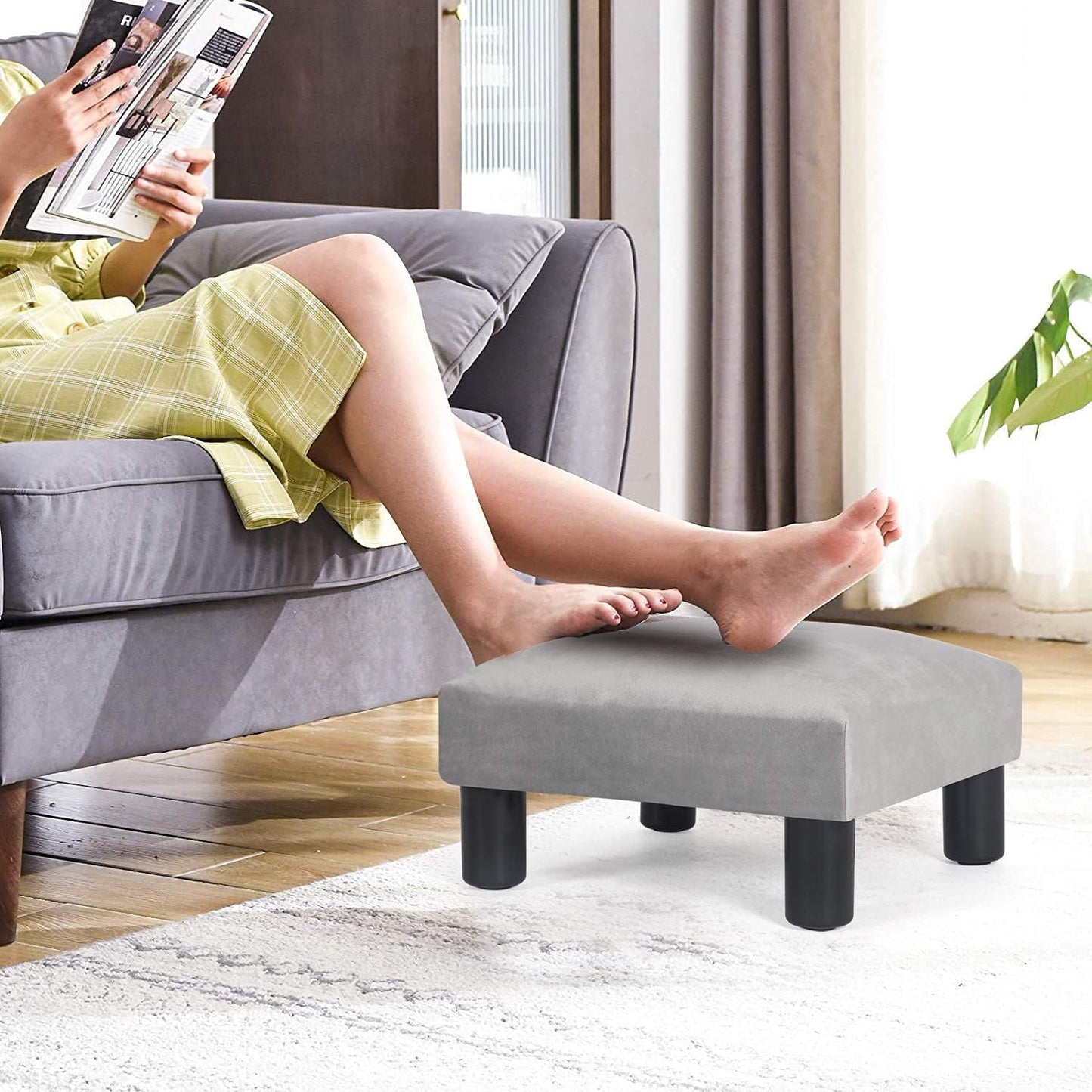 Joveco 15'' Small Foot Rest Stool Ottoman- Upholstered Footstool and Ottomans Small Footrest for High Beds- Lightweight and Portable, Light Gray