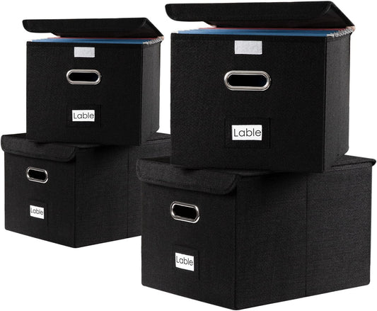 PRANDOM File Organizer Box - Set of 4 Collapsible Decorative Linen Filing Storage Hanging File Folders with Lids Office Cabinet Letter Size Black (15x12.2x10.75 inch)