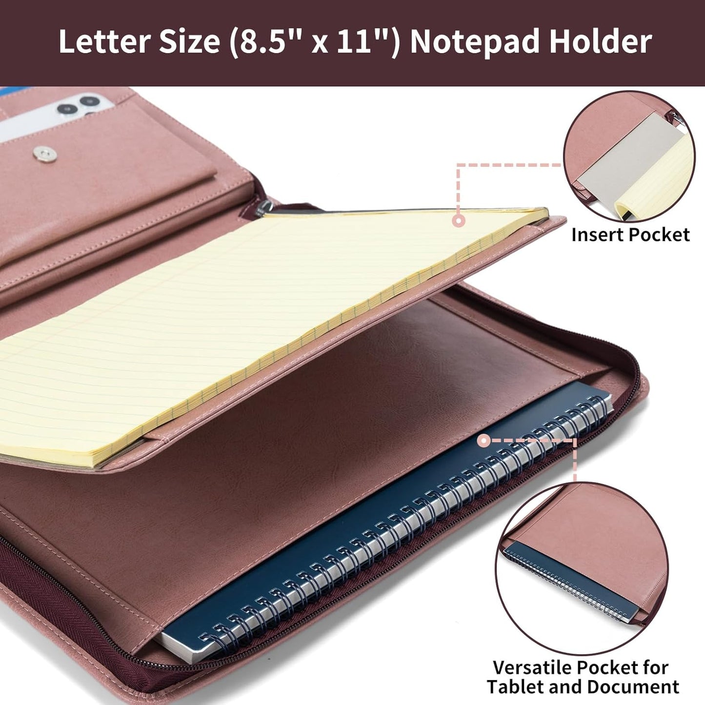 Personalized Vegan Leather Portfolio with Front Pocket for Women, Custom 8.5 x 11 Legal Pad Notepad Holder, Zippered Business Organizer, Professional Work Folder, Pink