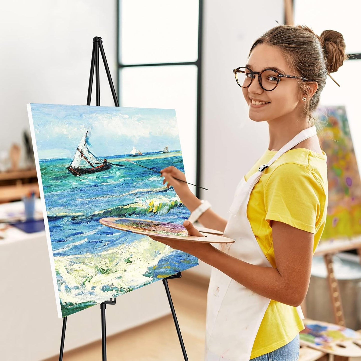 Display Black Easel Stand for Wedding Sign, Artist Instant Tripod Collapsible Portable Floor Easel for Posters, 63" Adjustable Easy Folding Metal Stand for Display Show, Arts, Painting