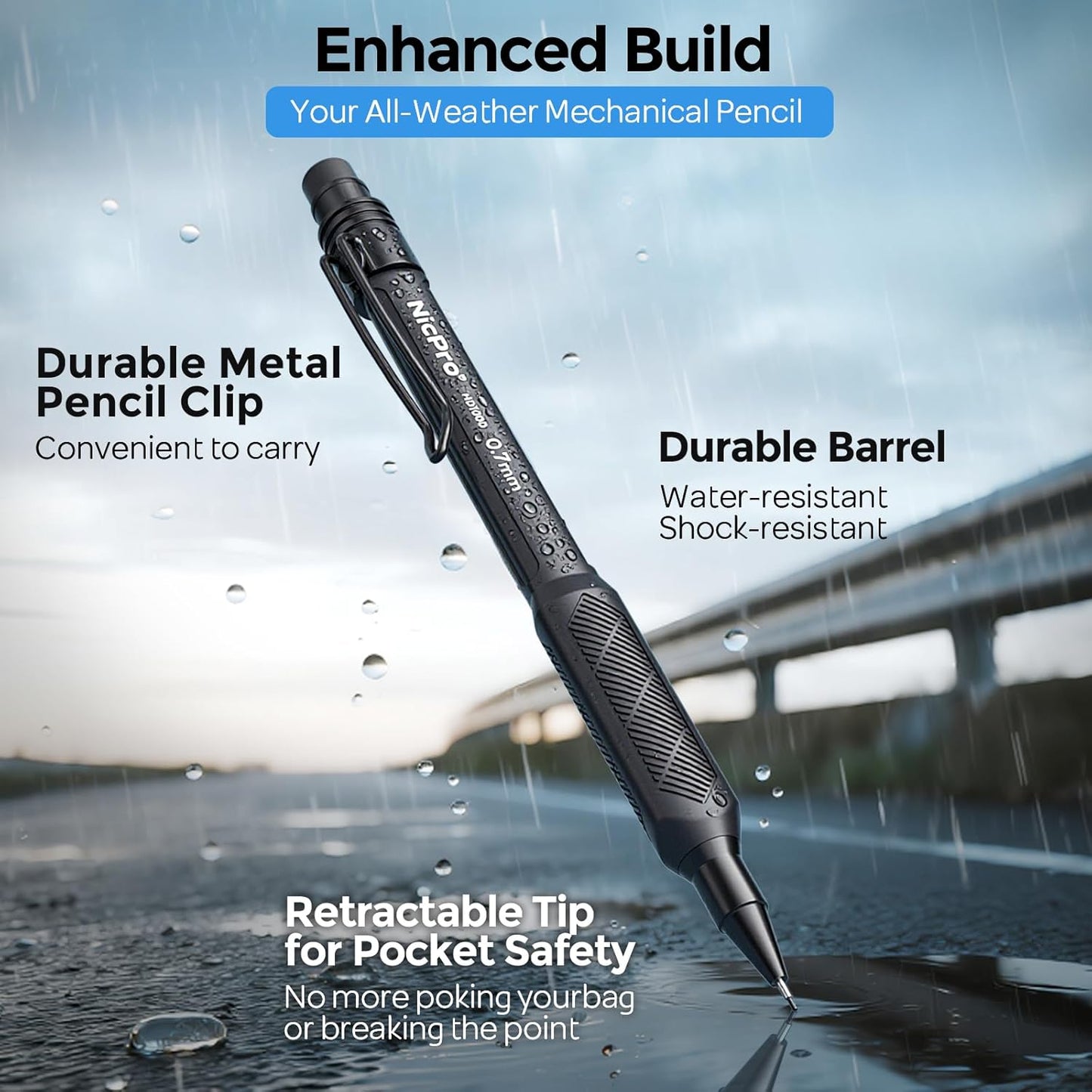 Nicpro 0.7 mm Mechanical Pencil Set with Case, 3PCS HD1000 Art Drafting Pencils Lead Pencil 0.7 With 6 Tube HB Lead Refills, Eraser, Weatherproof Barrel for Outdoor Writing Drafting Drawing Sketching