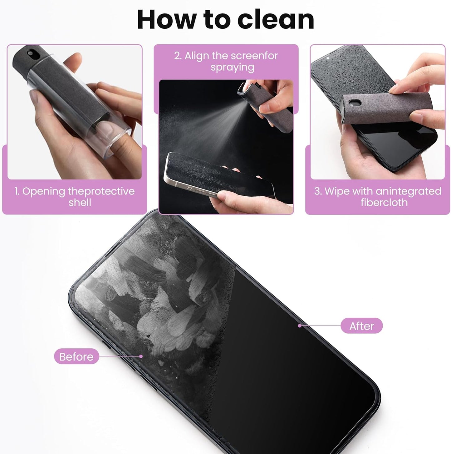 2 Pcs Screen Cleaner Kit, 3-in-1 Touchscreen Mist Cleaner Spray Bottle Tool & Microfiber Cloth for Phone/Laptop/Tablet/TV/Monitor/Car Screens(Pink+Grey)