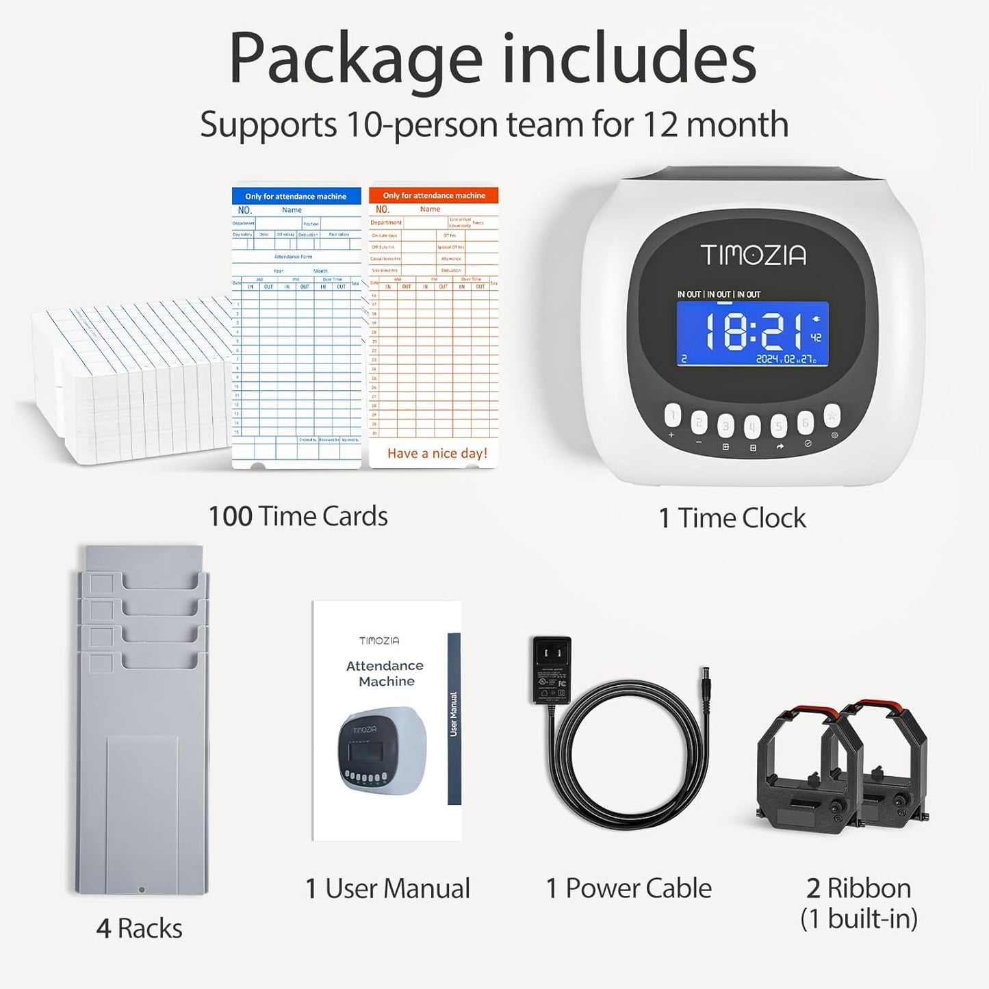 Time Clock with Passcode, Auto-Align Time Card Machine, 6 Punches per Day Time Clock Punch Machine with 100 Time Cards, 2 Ink Ribbons and 4 Racks(White, Military Time)