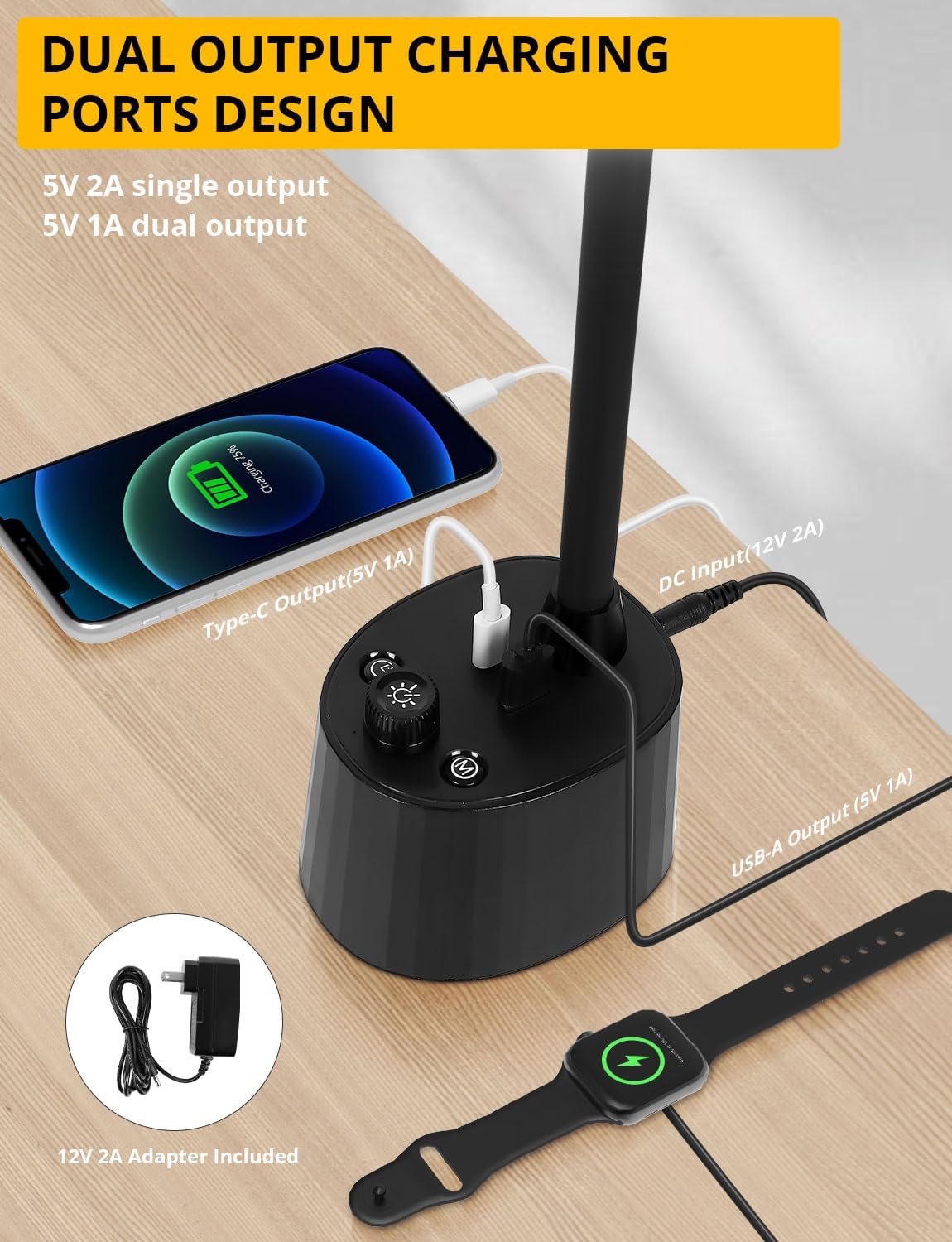 Desk Lamp with Dual Head & 10W Smart Dual USB Charging Port 5 Color Modes Dimmable Reading Light 2600 Lumens 12W Table Lamp for Bedside Office, Adapter Include