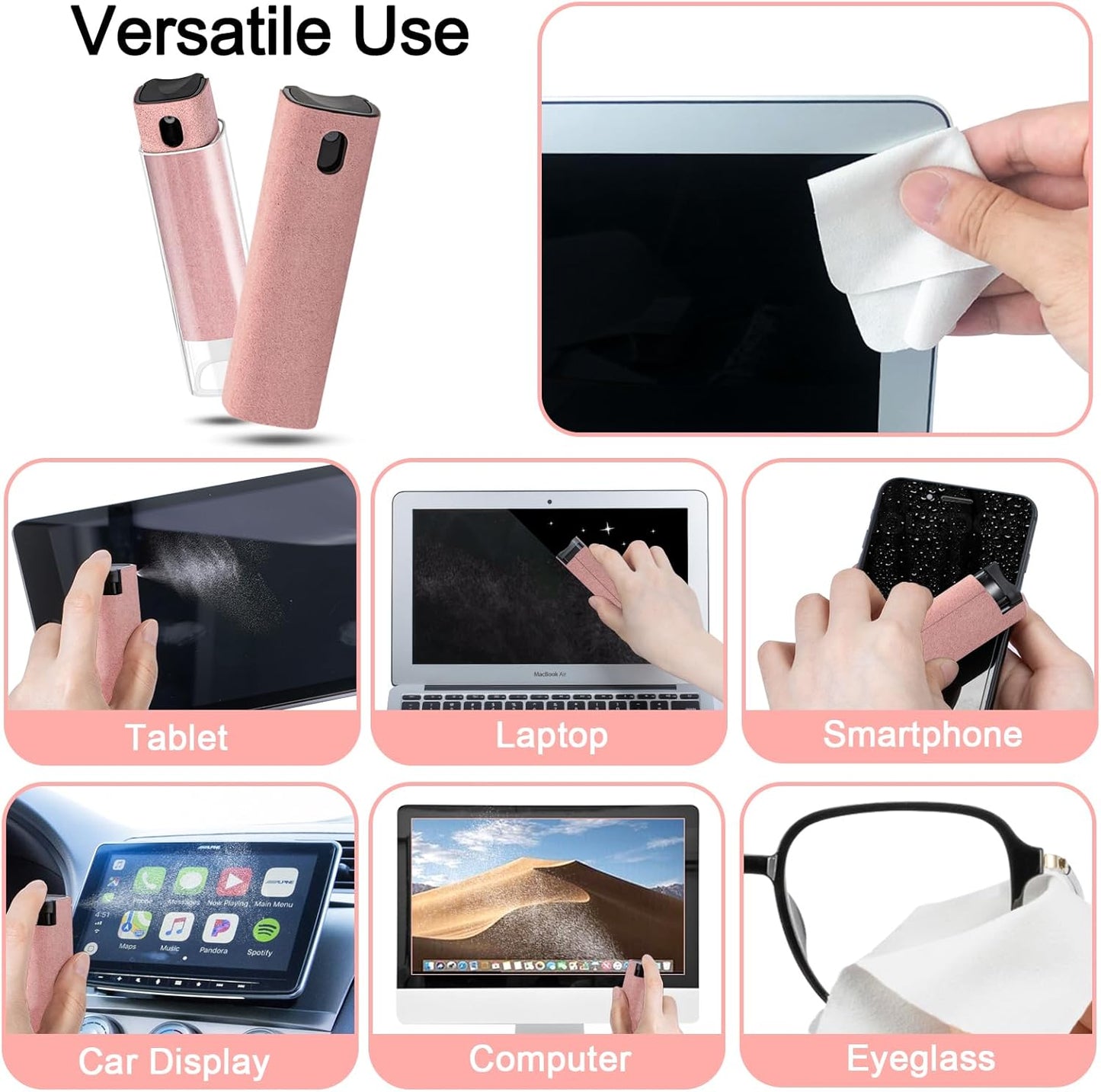 WALRFID 2 Pack Screen Cleaner Spray and Wipe, Computer Laptop Cleaning Kit for Electronic iPad, iPhone, Cellphone, Monitor, MacBook Pro, Car Display, Tablet, TV Flat Screens, Pink