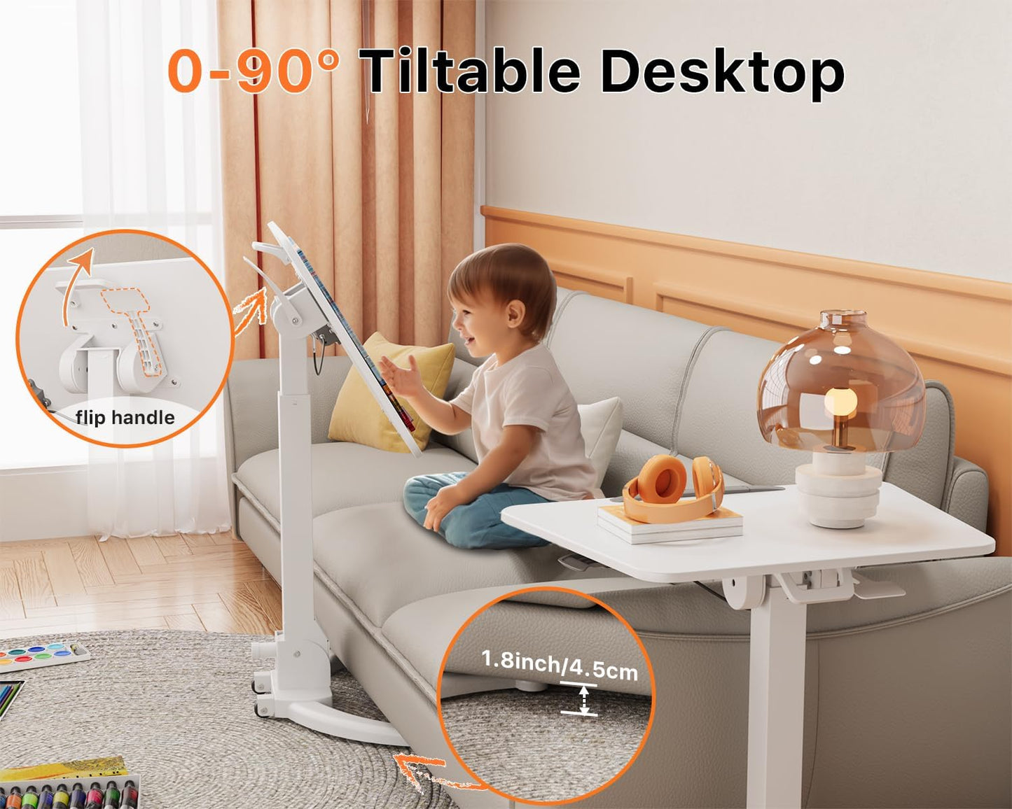 JOY worker Foldable Mobile Standing Desk, Height Adjustable Sit Stand Desk, 90° Tiltable Rolling Laptop Table, Portable Workstation with Wheels Non-Slip Mat for Home Office, Holds Up to 22lbs, White