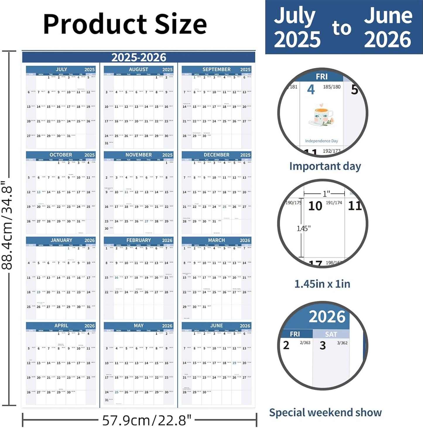 2025-2026 Wall Calendar 34.8" x 22.8" Large Vertical Yearly Wall Hanging Calenda with Julian Date from July 2025 to June 2026 Thick Paper Calendar 12 Month Annual Planner for Office Fridge(Blue)