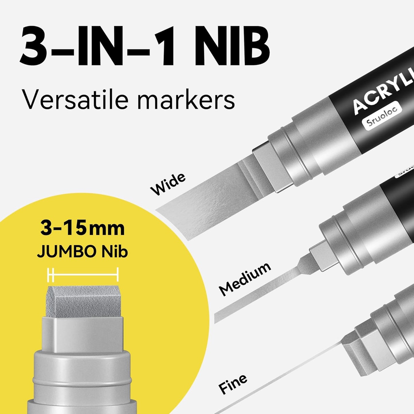 3 Jumbo Permanent Markers Silver, 15mm Thick Wide Tip, Large Acrylic Paint Markers for Rock Painting, Poster, Stone, Ceramic, Glass, Wood, Canvas