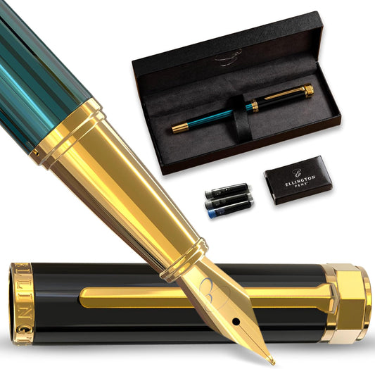 Luxury Fountain Pen Set- Fountain Pens for Writing - Smooth Extra Fine Nib - Includes Refillable Ink Converter, 3 Ink Cartridges [Black & Blue], Gift Box - Elegant Calligraphy