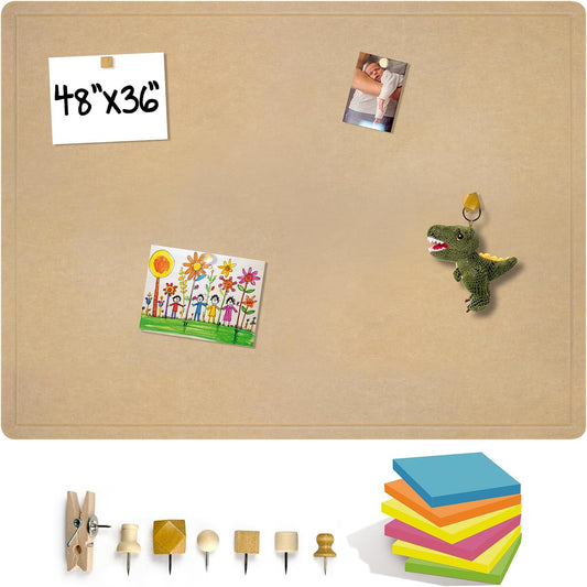 Large Bulletin Board 48 x 36 Inches - Foldable Felt Bulletin Board for Wall, Cork Board Alternative with 57 Wood Pins & 6 Note Pads, Vision Board - Khaki